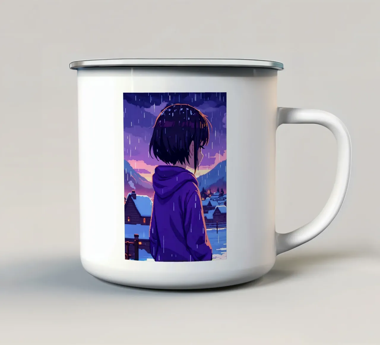 Una ragazza in piedi in un villaggio di neve sotto la pioggia Lofi Art tazza in smalto da LoFi Gallery