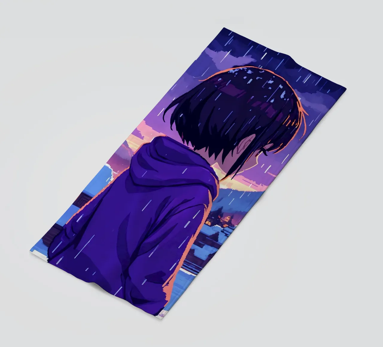 Una ragazza in piedi in un villaggio di neve sotto la pioggia Lofi Art telo mare da LoFi Gallery