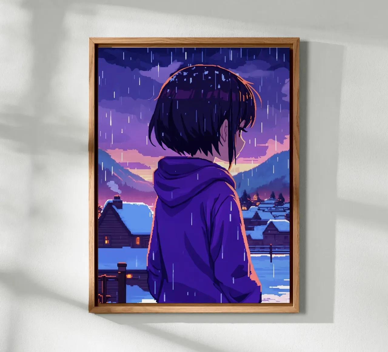 Una ragazza in piedi in un villaggio di neve sotto la pioggia Lofi Art alluminio dibond da LoFi Gallery