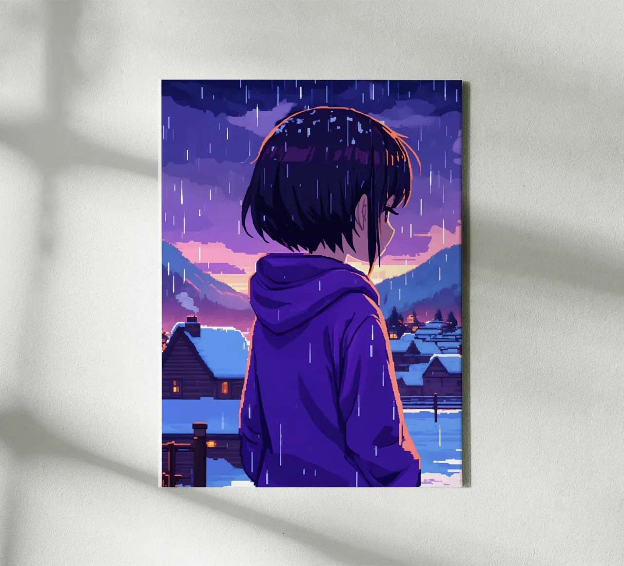 Una ragazza in piedi in un villaggio di neve sotto la pioggia Lofi Art tela da LoFi Gallery