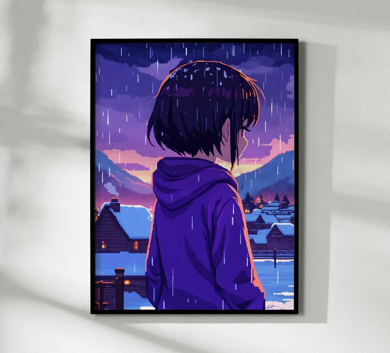 Una ragazza in piedi in un villaggio di neve sotto la pioggia Lofi Art carta hahnemühle da LoFi Gallery