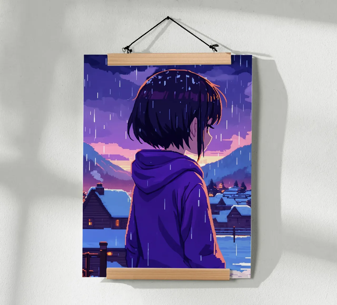 Una ragazza in piedi in un villaggio di neve sotto la pioggia Lofi Art carta hahnemühle da LoFi Gallery