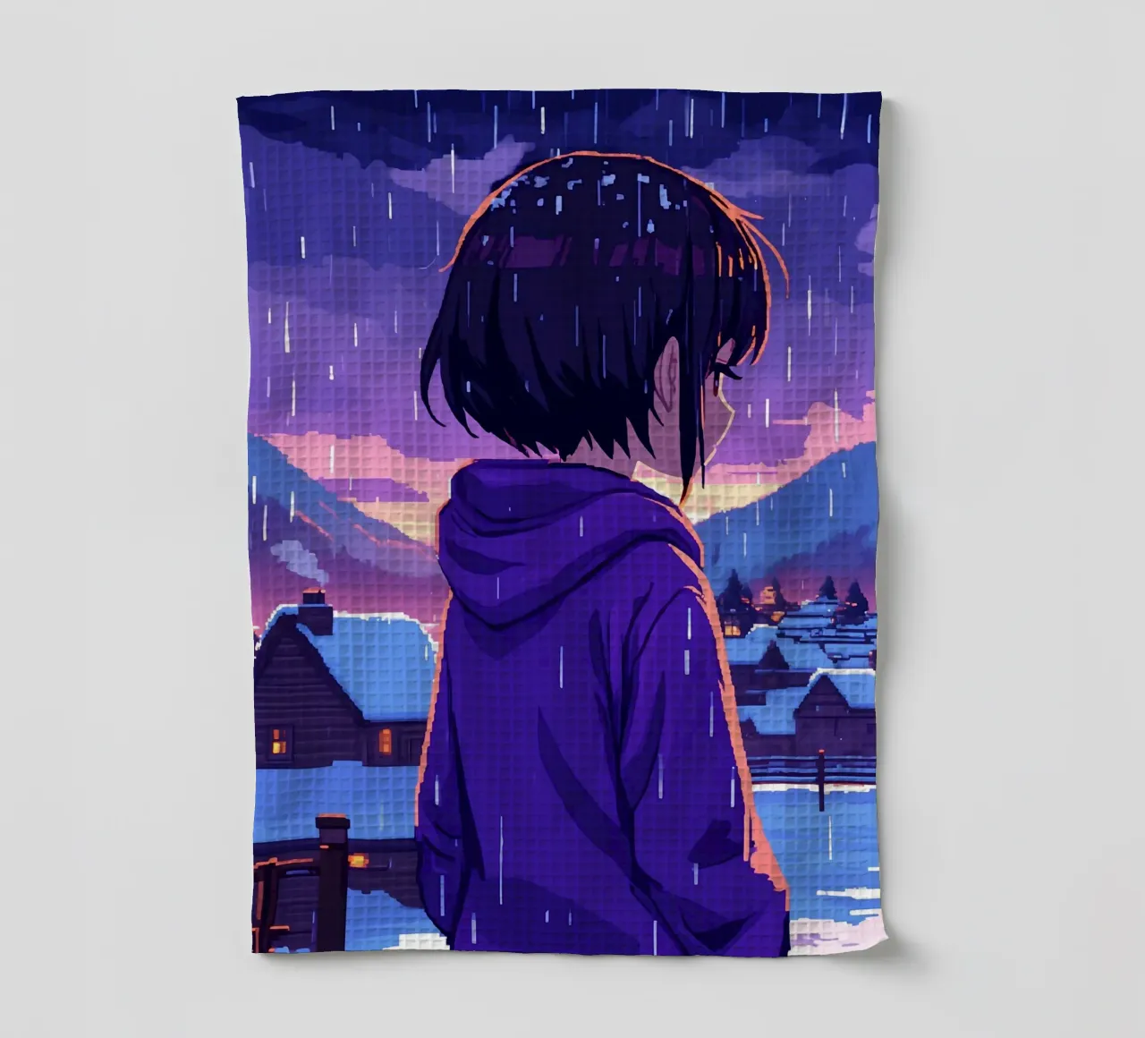 Una ragazza in piedi in un villaggio di neve sotto la pioggia Lofi Art canovaccio da cucina da LoFi Gallery