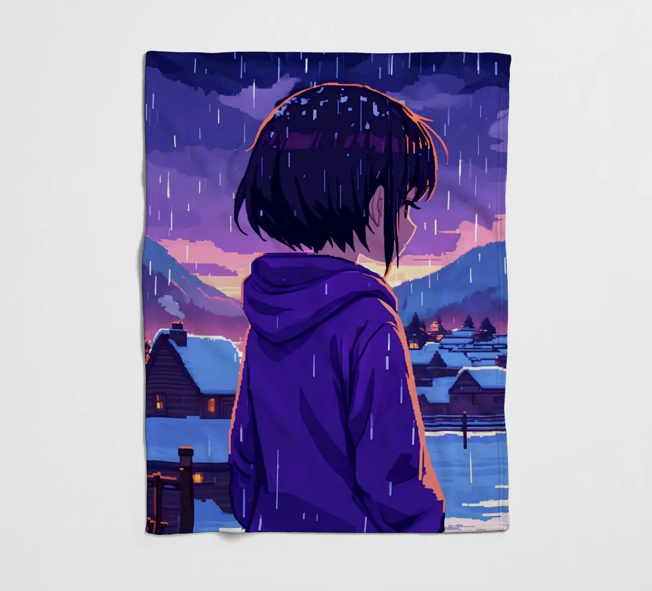Una ragazza in piedi in un villaggio di neve sotto la pioggia Lofi Art coperta in pile da LoFi Gallery