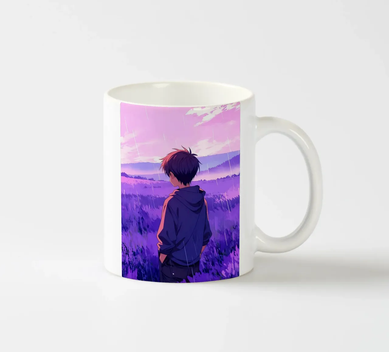Un ragazzo in piedi e guardando il campo di lavanda Lofi Art tazza in ceramica da LoFi Gallery