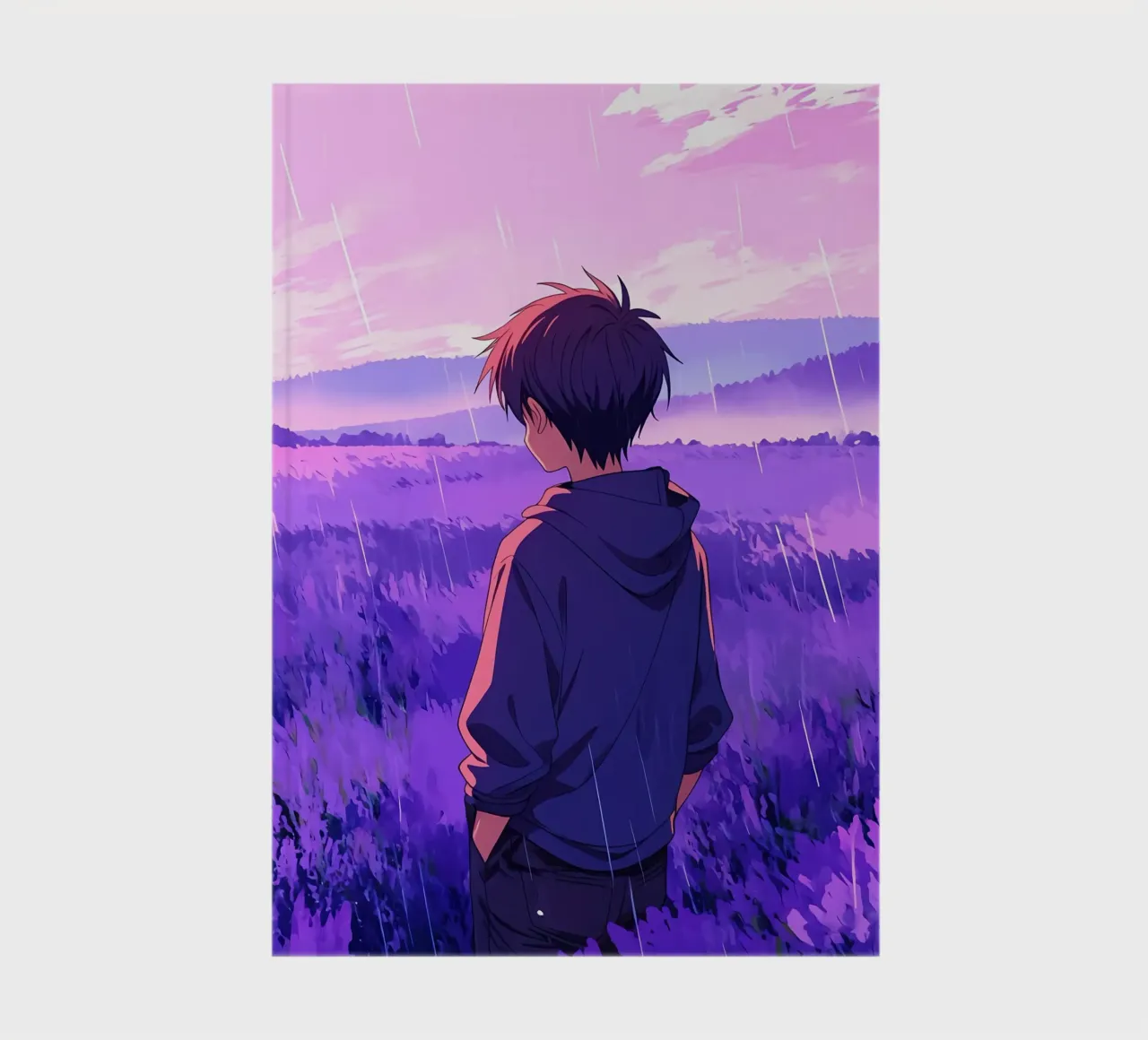 A Boy Standing And Looking At Lavender Field Lofi Art notebook by LoFi Gallery