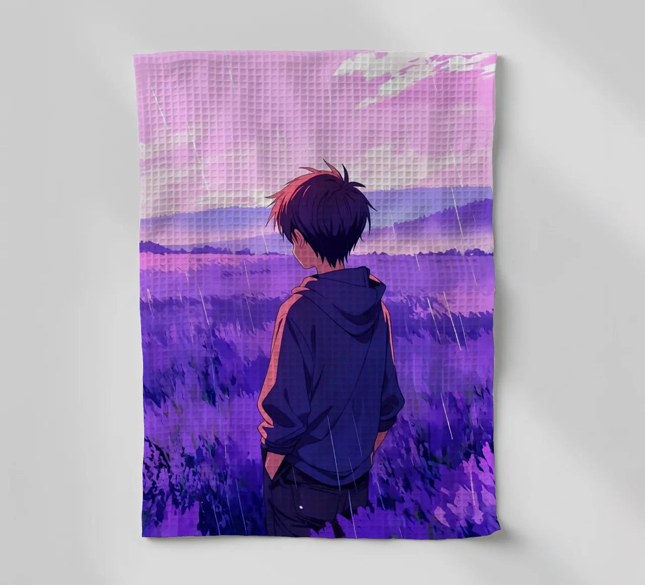 Un garçon debout et regardant un champ de lavande Lofi Art torchon de LoFi Gallery