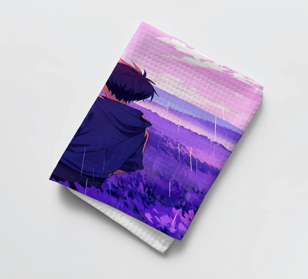 Un garçon debout et regardant un champ de lavande Lofi Art torchon de LoFi Gallery