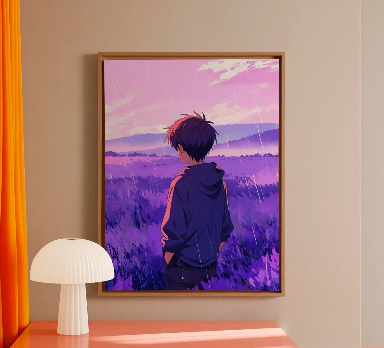 A Boy Standing And Looking At Lavender Field Lofi Art canvas with Floater frame by LoFi Gallery