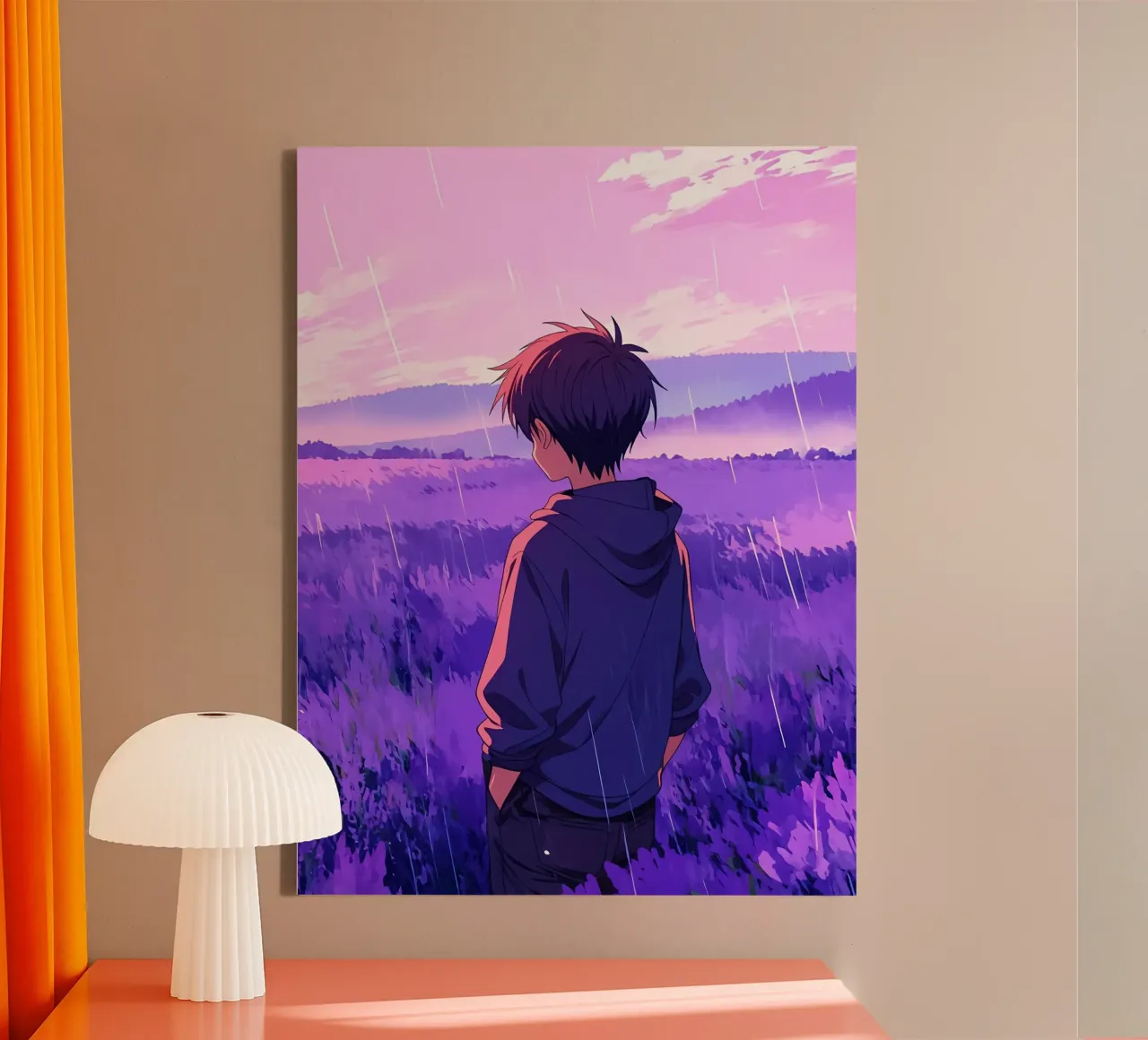 A Boy Standing And Looking At Lavender Field Lofi Art canvas with Floater frame by LoFi Gallery