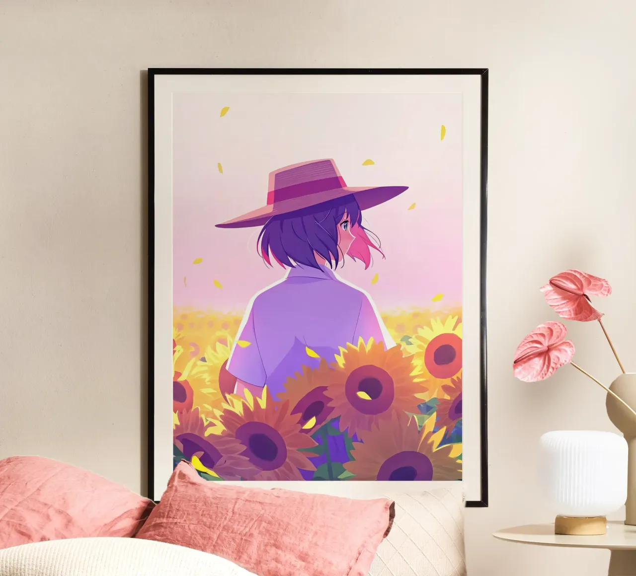 Una ragazza che cammina attraverso il campo di girasoli Lofi Art poster con telaio in plastica da LoFi Gallery