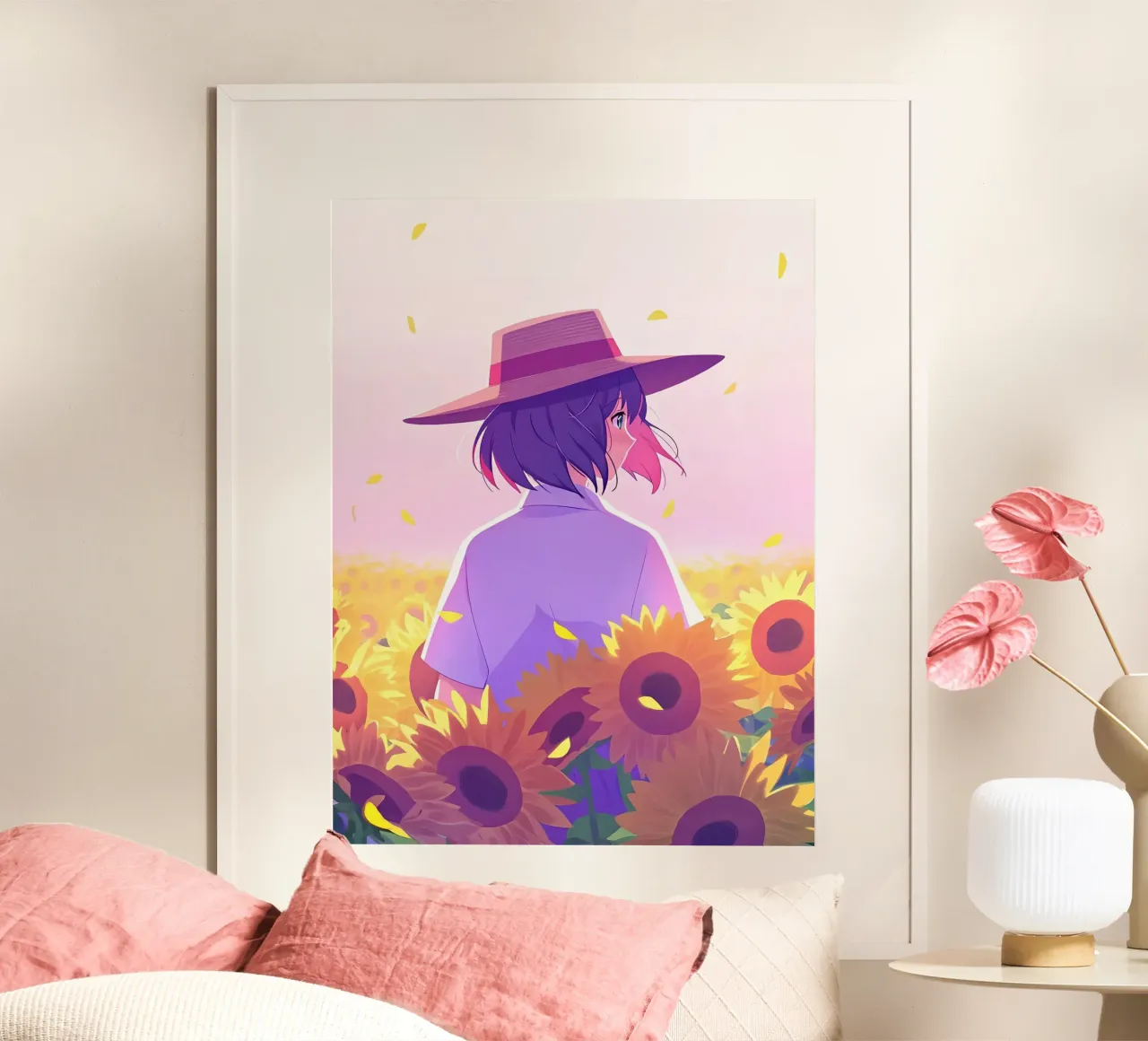 Una ragazza che cammina attraverso il campo di girasoli Lofi Art poster con telaio in plastica da LoFi Gallery