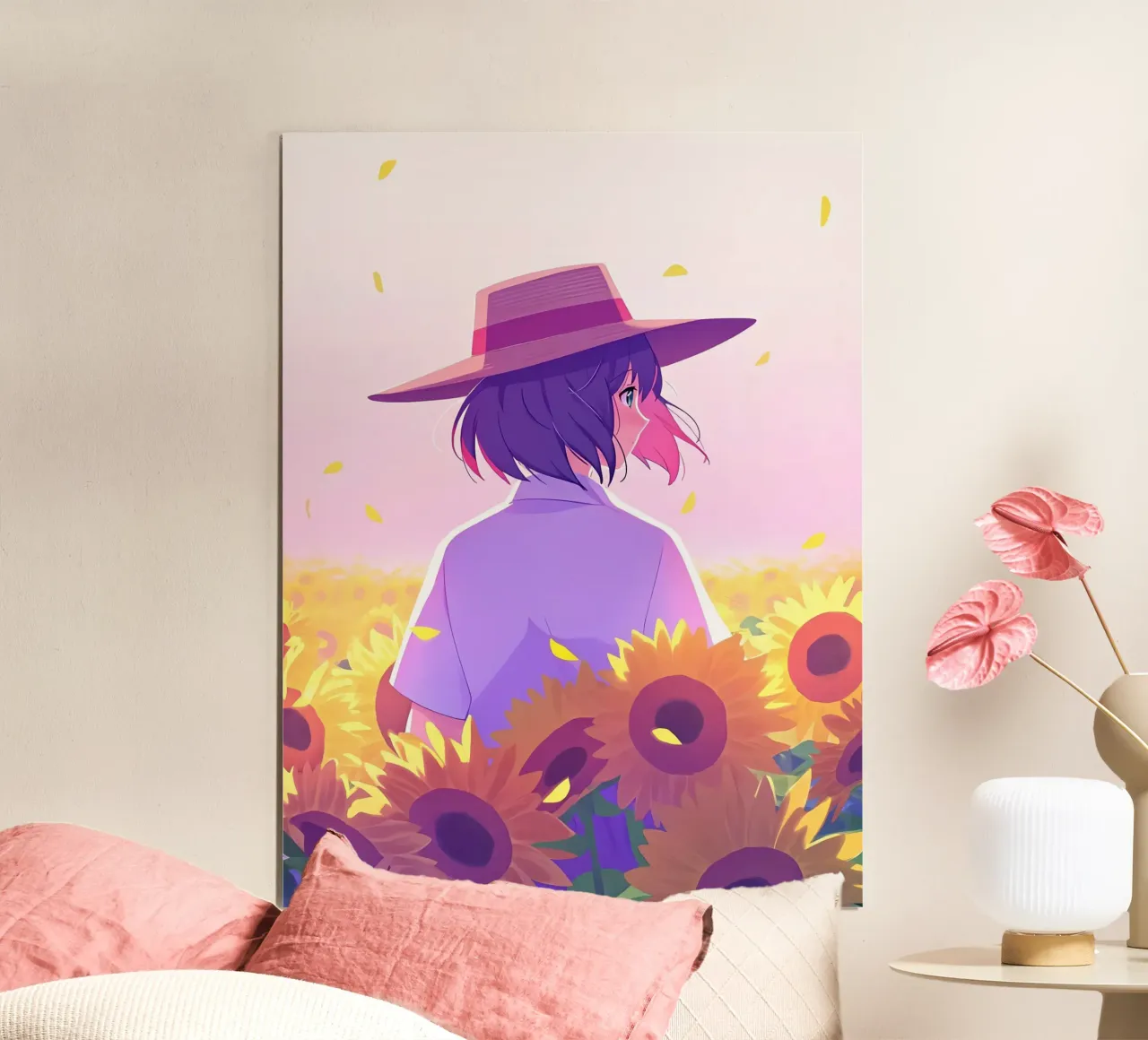 Una ragazza che cammina attraverso il campo di girasoli Lofi Art poster con telaio in plastica da LoFi Gallery