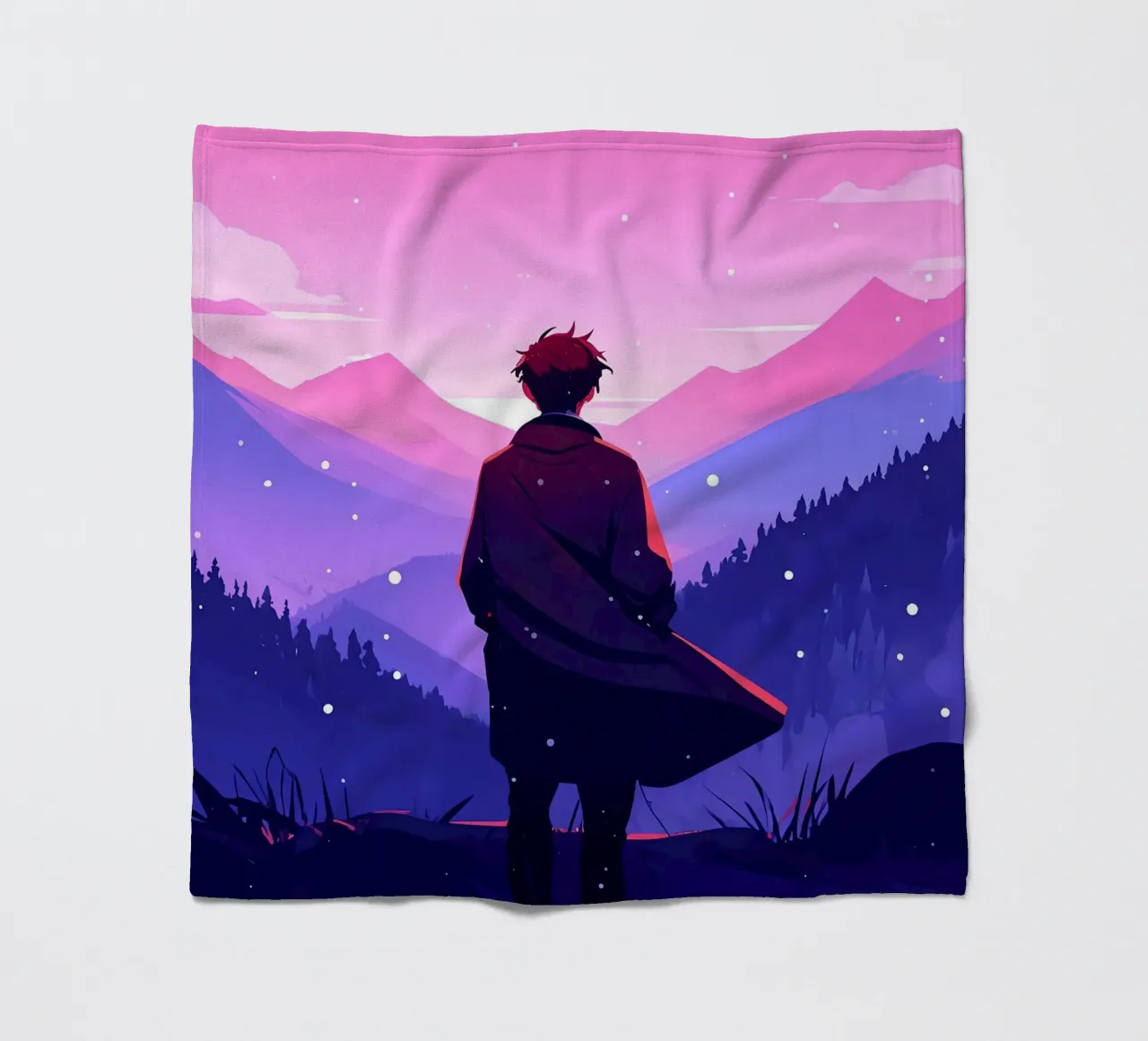 A Man Walking Through Dense Mountain In Snowfall Lofi Art fleece blanket by LoFi Gallery