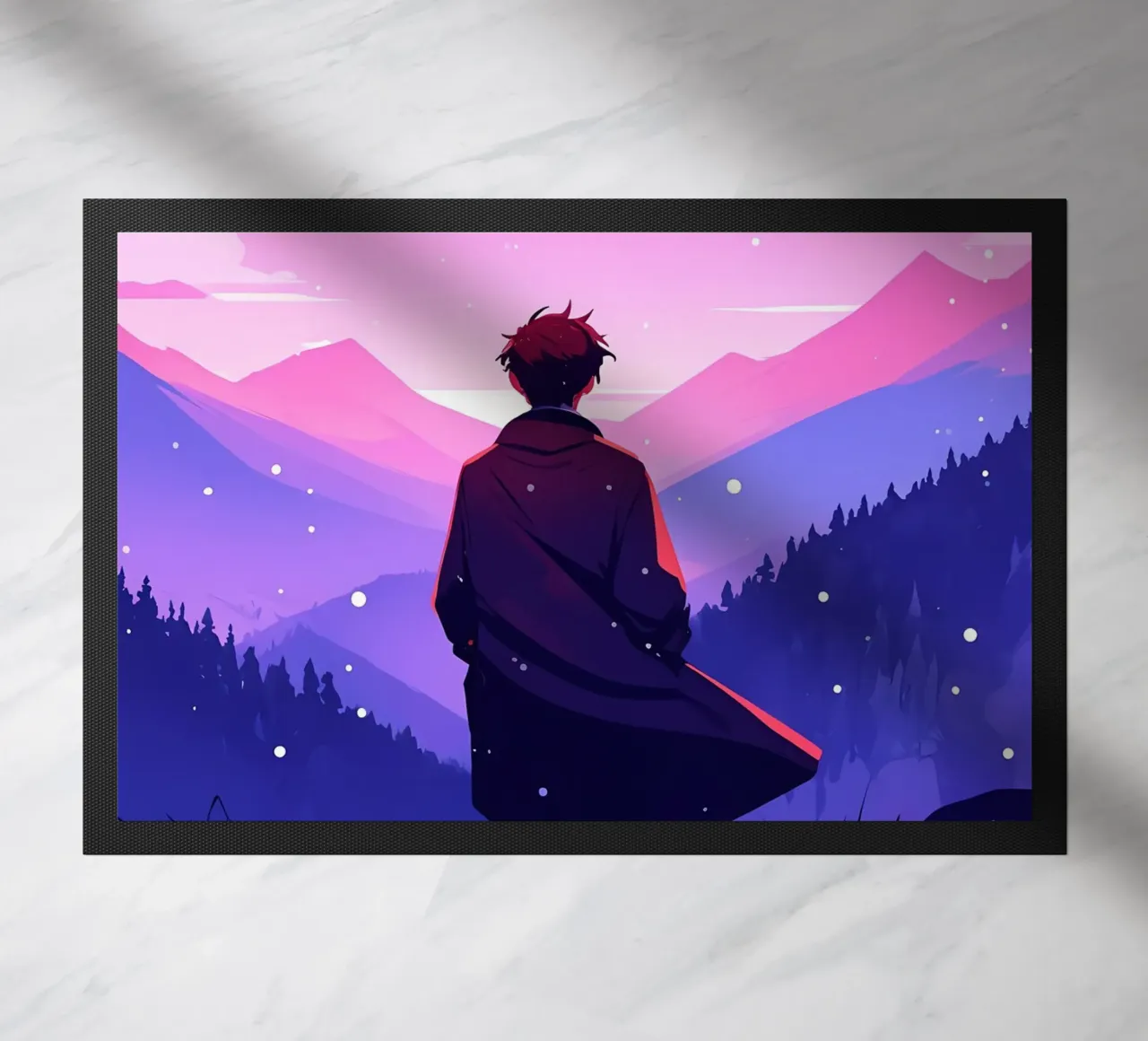 A Man Walking Through Dense Mountain In Snowfall Lofi Art doormat by LoFi Gallery