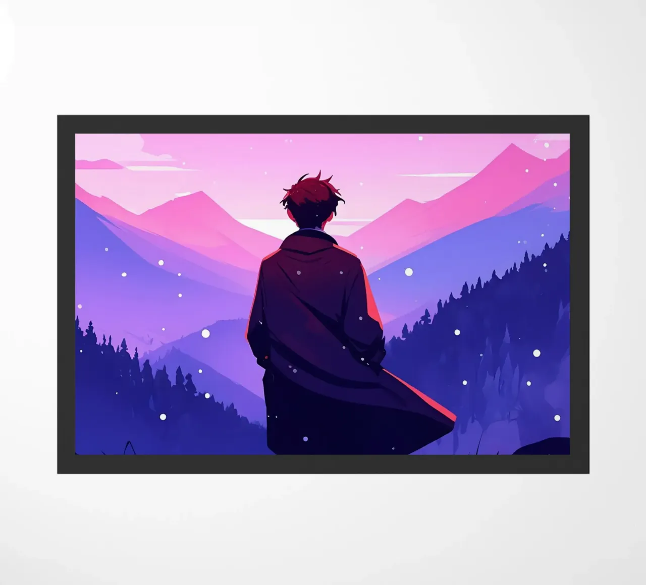 A Man Walking Through Dense Mountain In Snowfall Lofi Art doormat by LoFi Gallery
