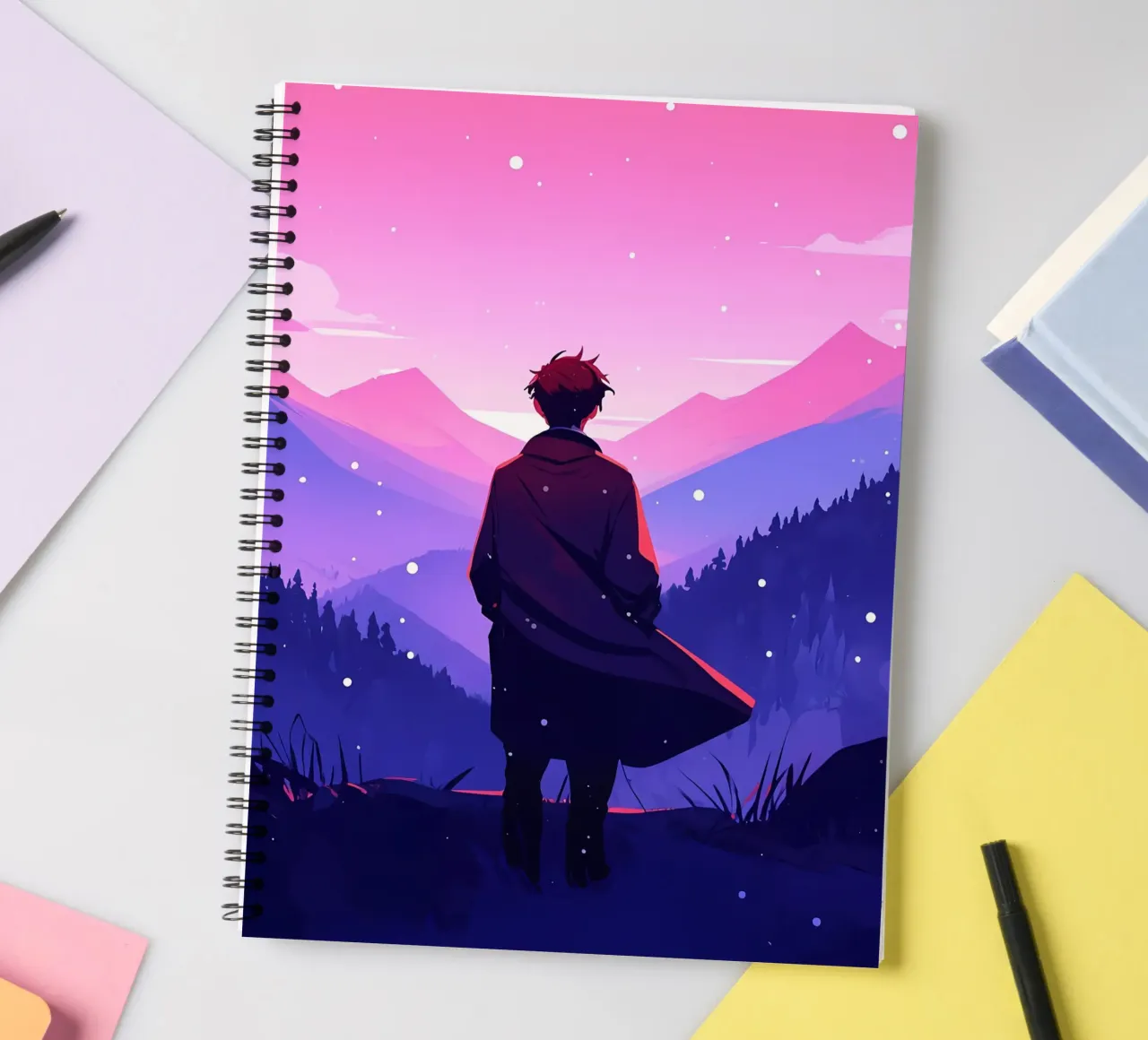 A Man Walking Through Dense Mountain In Snowfall Lofi Art spiral notebook by LoFi Gallery