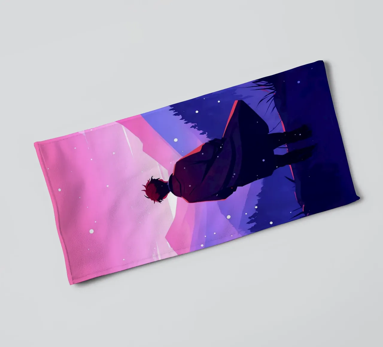 A Man Walking Through Dense Mountain In Snowfall Lofi Art towel by LoFi Gallery