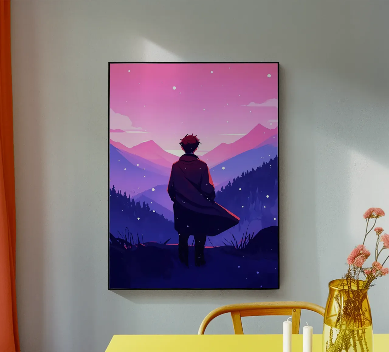 Un homme marchant dans une montagne dense sous une chute de neige Lofi Art plexiglas de LoFi Gallery