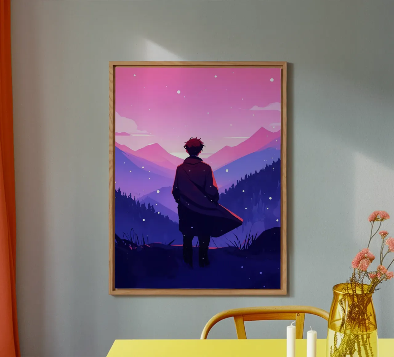 Un hombre caminando por la montaña densa en la nevada Lofi Art placa de forex de LoFi Gallery