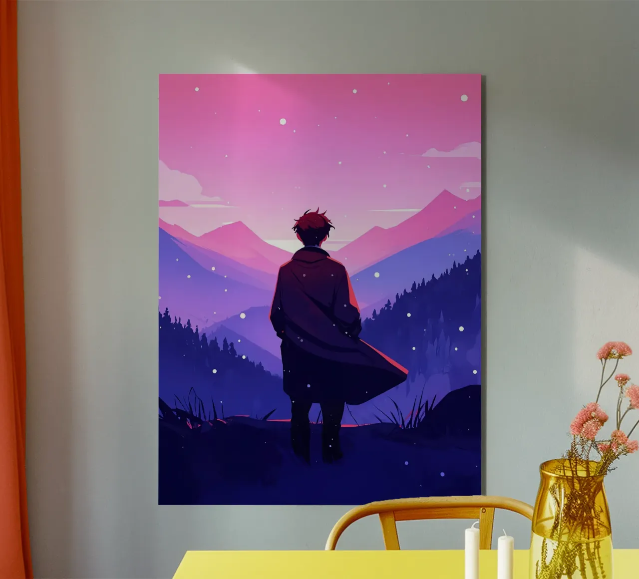 Un hombre caminando por la montaña densa en la nevada Lofi Art placa de forex de LoFi Gallery