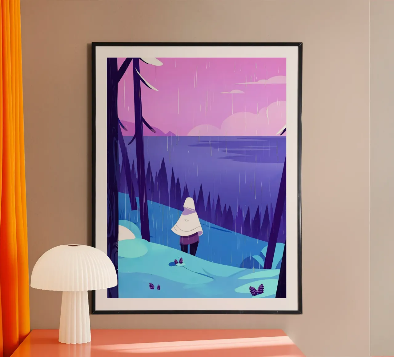 Eine Frau zu Fuß durch den Regenwald in der Nähe von Ozean Lofi Kunst Hahnemühle von LoFi Gallery