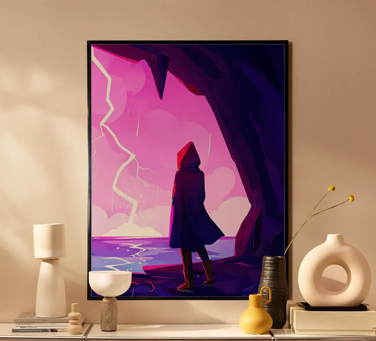 Una persona in piedi in una grotta sul mare guardando la tempesta Lofi Art poster con telaio in legno da LoFi Gallery