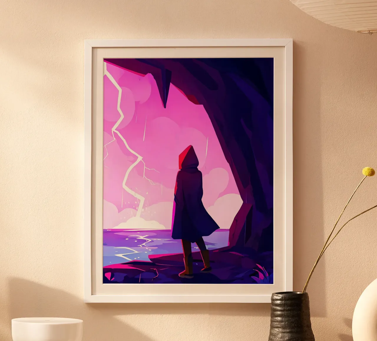 Una persona in piedi in una grotta sul mare guardando la tempesta Lofi Art poster con telaio in legno da LoFi Gallery