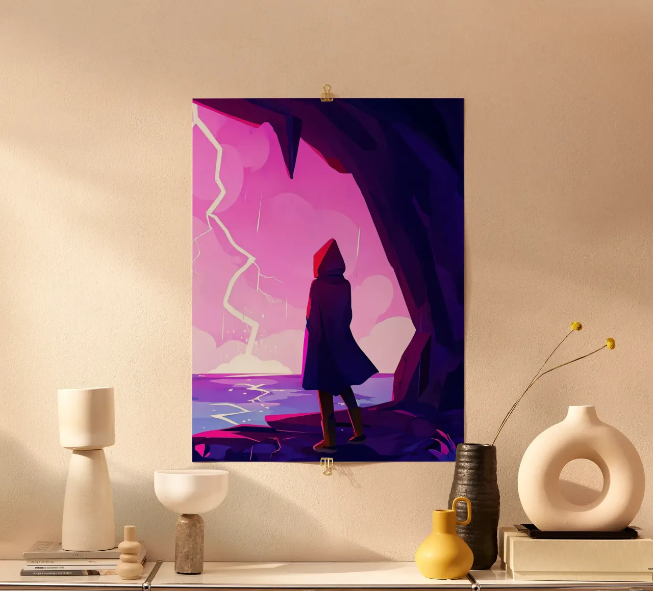 Una persona in piedi in una grotta sul mare guardando la tempesta Lofi Art poster con telaio in legno da LoFi Gallery