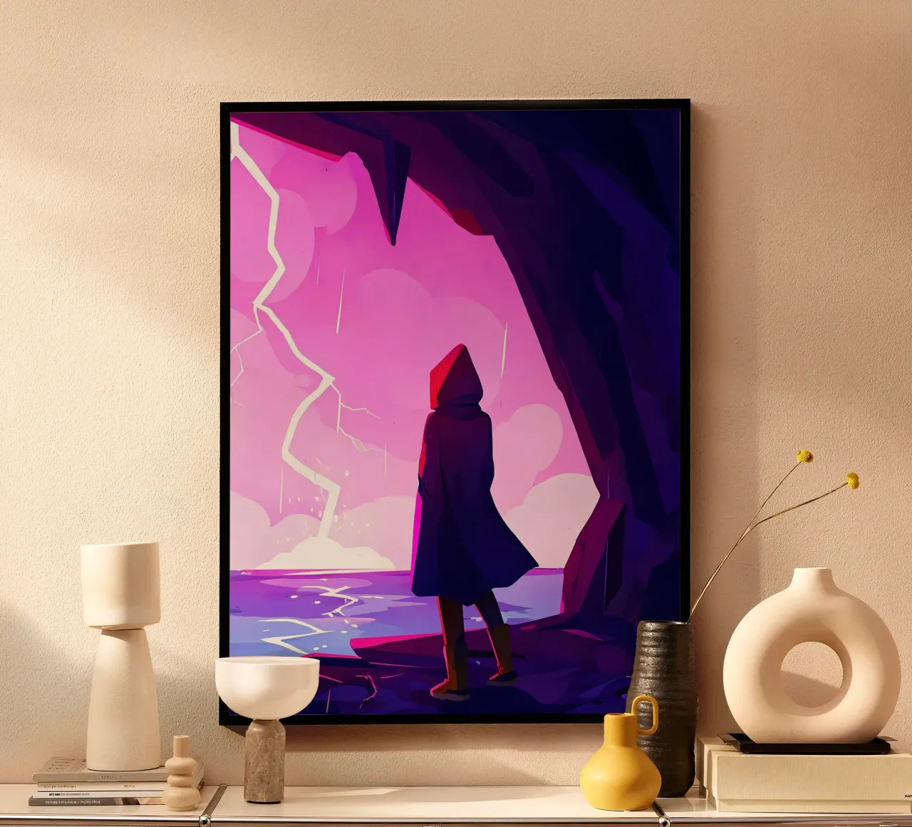 Una persona in piedi in una grotta sul mare guardando la tempesta Lofi Art poster con telaio in legno da LoFi Gallery