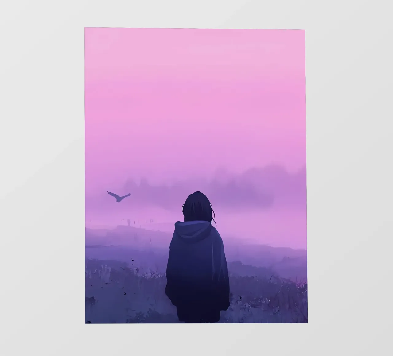Una ragazza in piedi e guardando gli uccelli della sera Lofi Art telo in pvc da LoFi Gallery