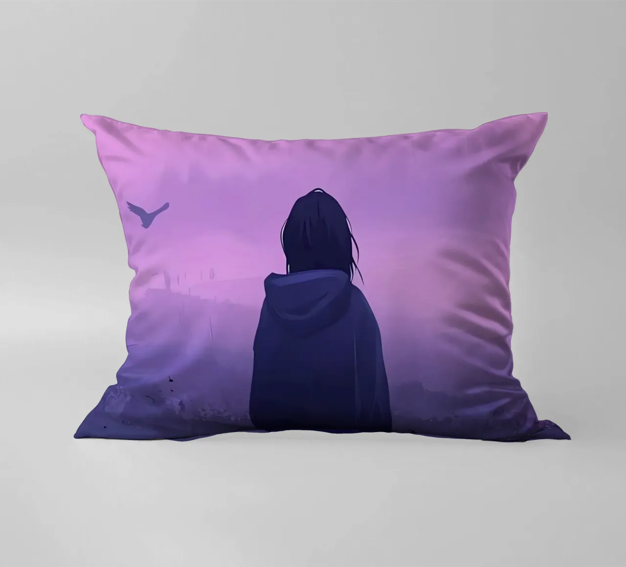 Una ragazza in piedi e guardando gli uccelli della sera Lofi Art cuscino da LoFi Gallery