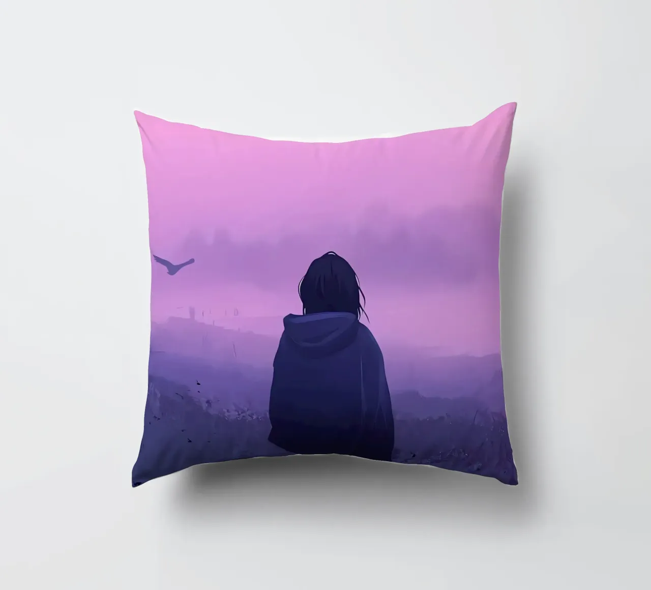 Una ragazza in piedi e guardando gli uccelli della sera Lofi Art cuscino da LoFi Gallery