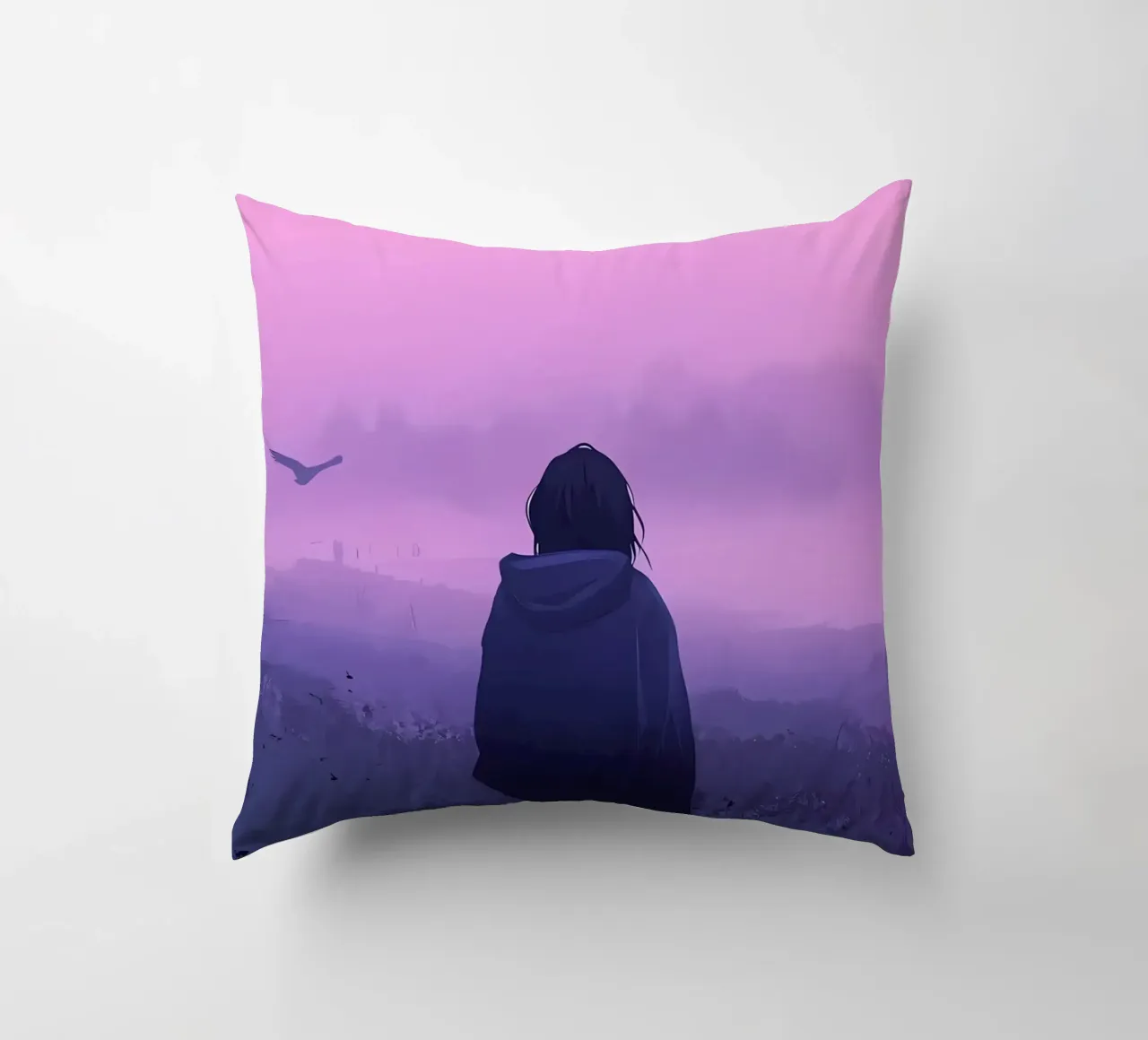 Una ragazza in piedi e guardando gli uccelli della sera Lofi Art cuscino da LoFi Gallery
