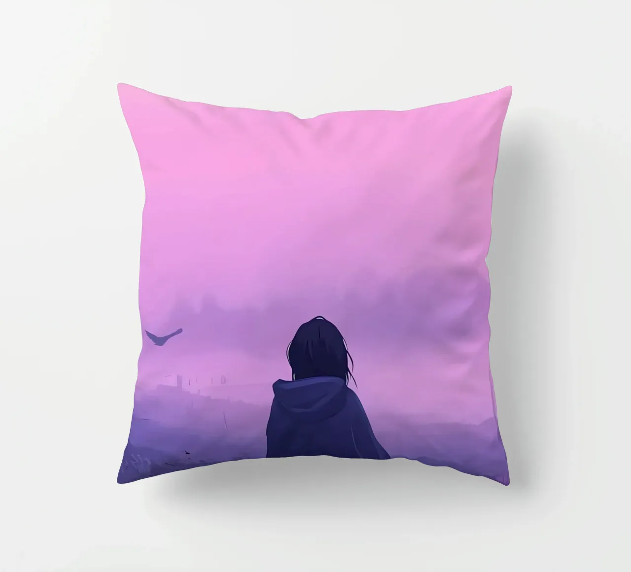 Una ragazza in piedi e guardando gli uccelli della sera Lofi Art cuscino da LoFi Gallery