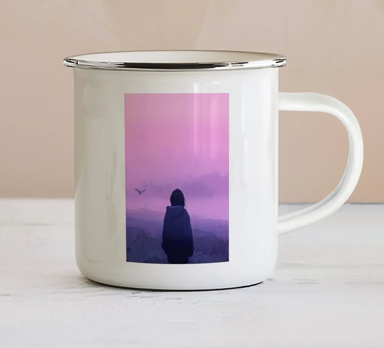 Una ragazza in piedi e guardando gli uccelli della sera Lofi Art tazza in smalto da LoFi Gallery