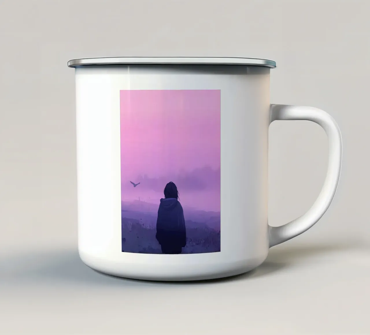 Una ragazza in piedi e guardando gli uccelli della sera Lofi Art tazza in smalto da LoFi Gallery