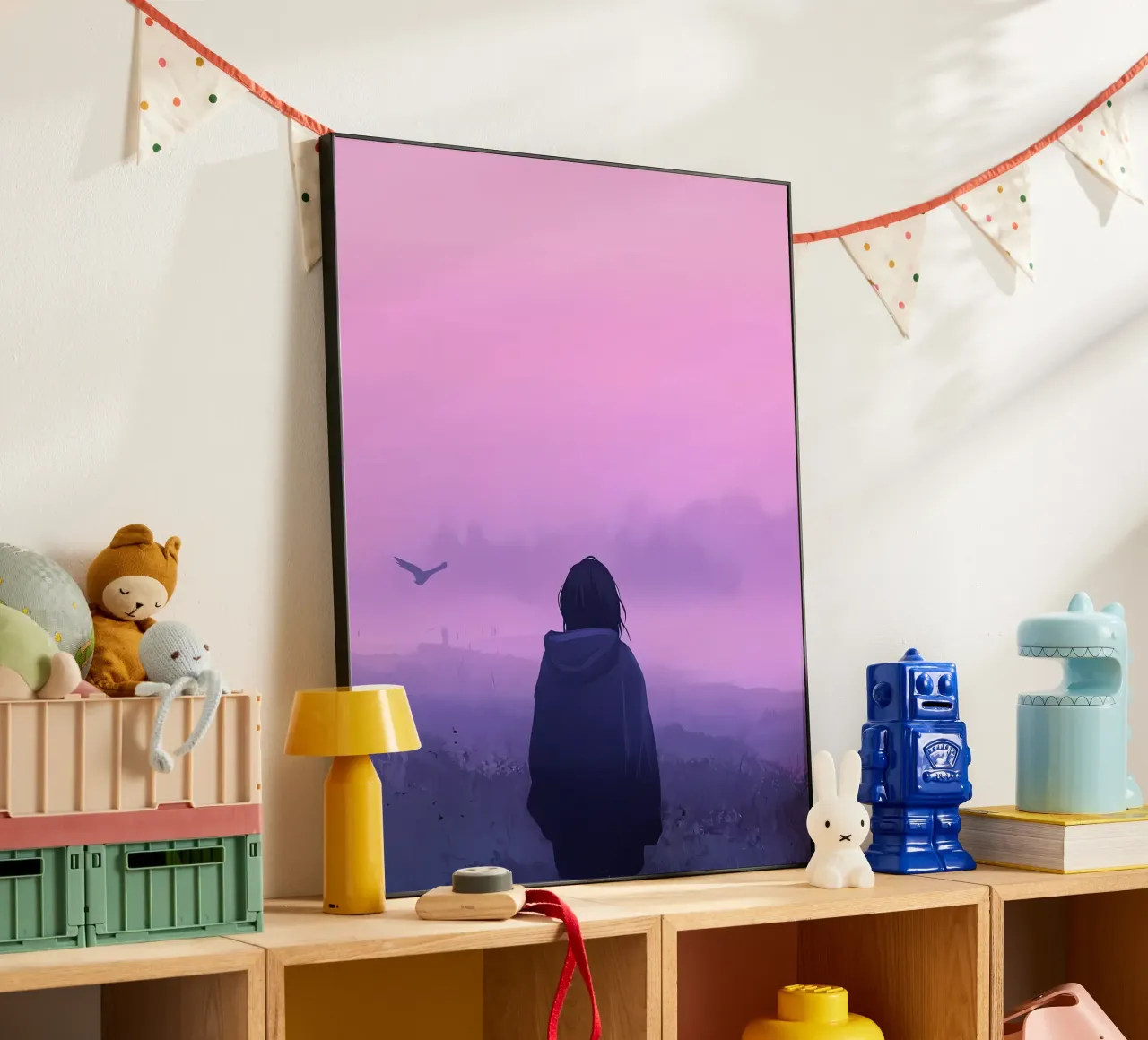 Una ragazza in piedi e guardando gli uccelli della sera Lofi Art pannello forex da LoFi Gallery