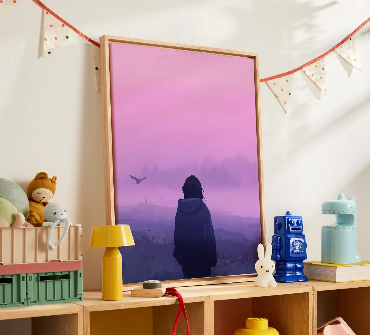 Una ragazza in piedi e guardando gli uccelli della sera Lofi Art tela con Cornice a cassetta da LoFi Gallery