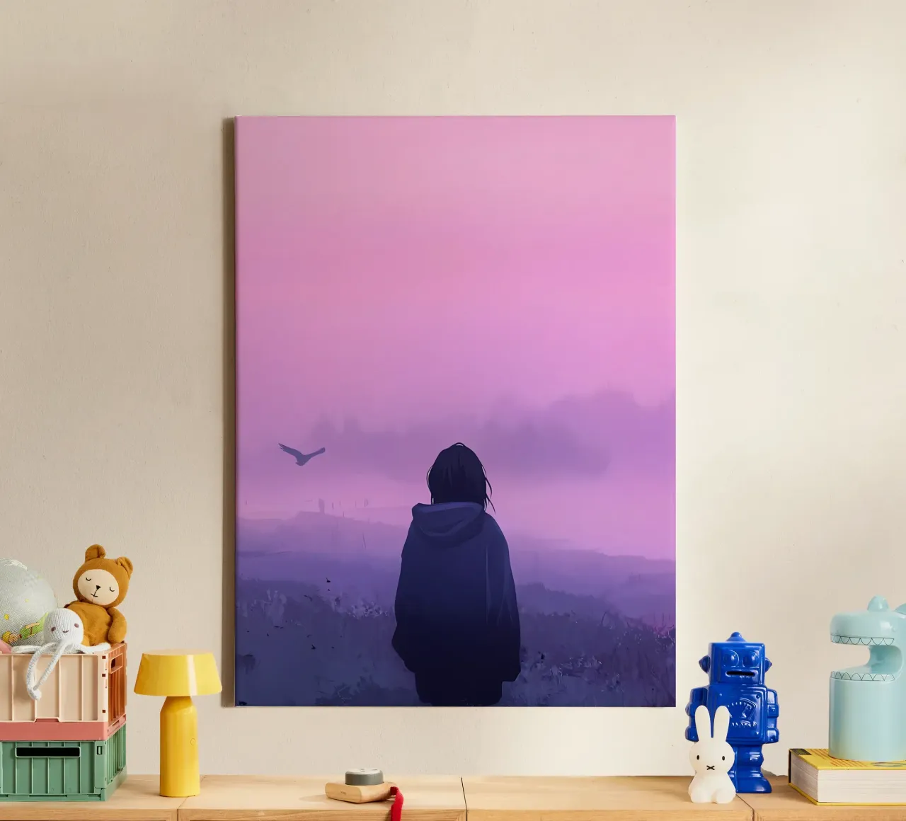 Una ragazza in piedi e guardando gli uccelli della sera Lofi Art tela con Cornice a cassetta da LoFi Gallery