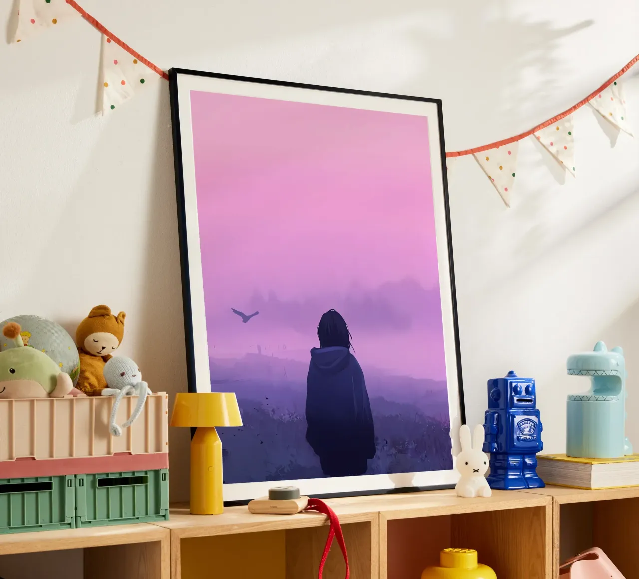 Una ragazza in piedi e guardando gli uccelli della sera Lofi Art poster con telaio in alluminio da LoFi Gallery