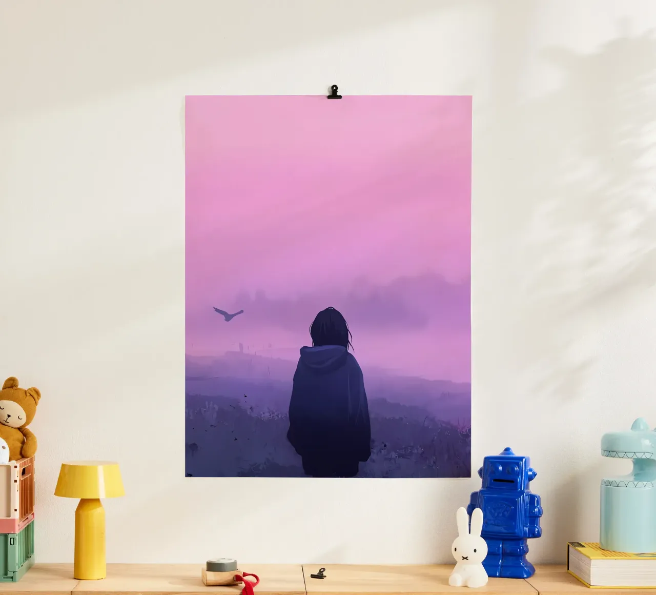 Una ragazza in piedi e guardando gli uccelli della sera Lofi Art poster con telaio in alluminio da LoFi Gallery
