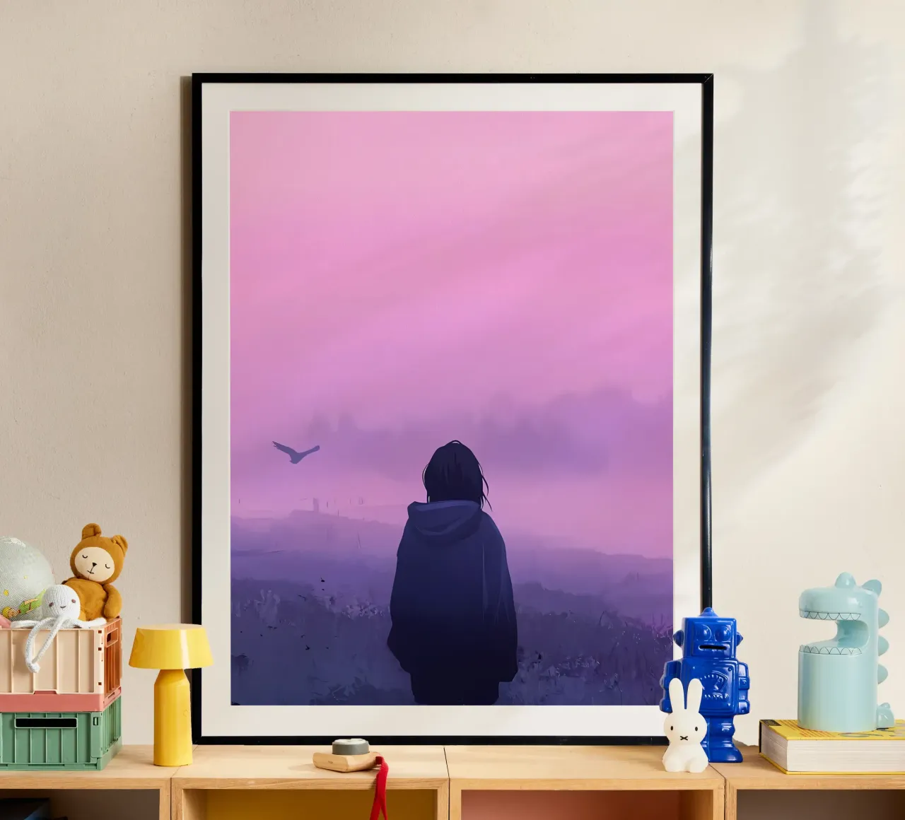 Una ragazza in piedi e guardando gli uccelli della sera Lofi Art poster con telaio in alluminio da LoFi Gallery