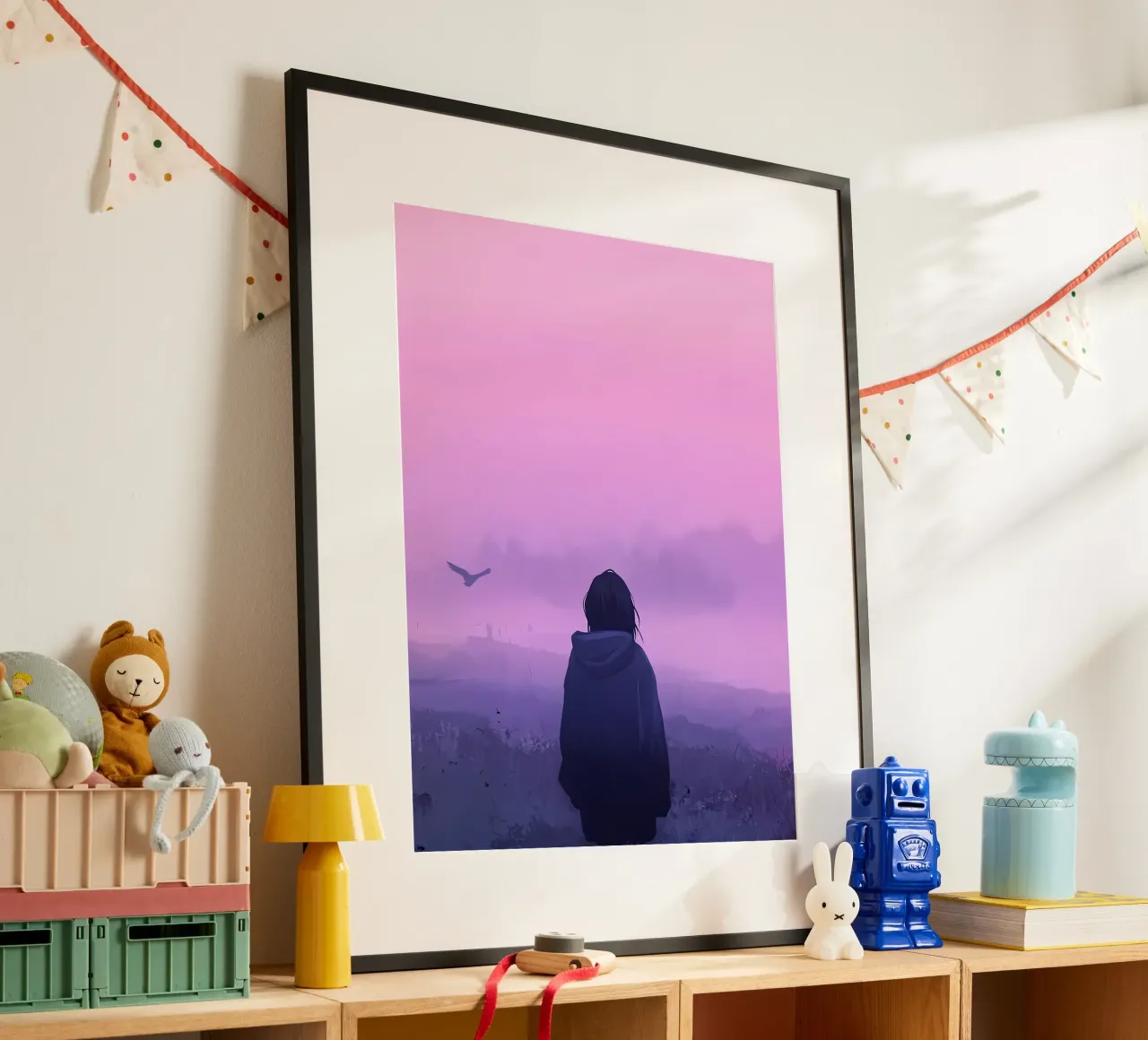Una ragazza in piedi e guardando gli uccelli della sera Lofi Art poster con telaio in alluminio da LoFi Gallery