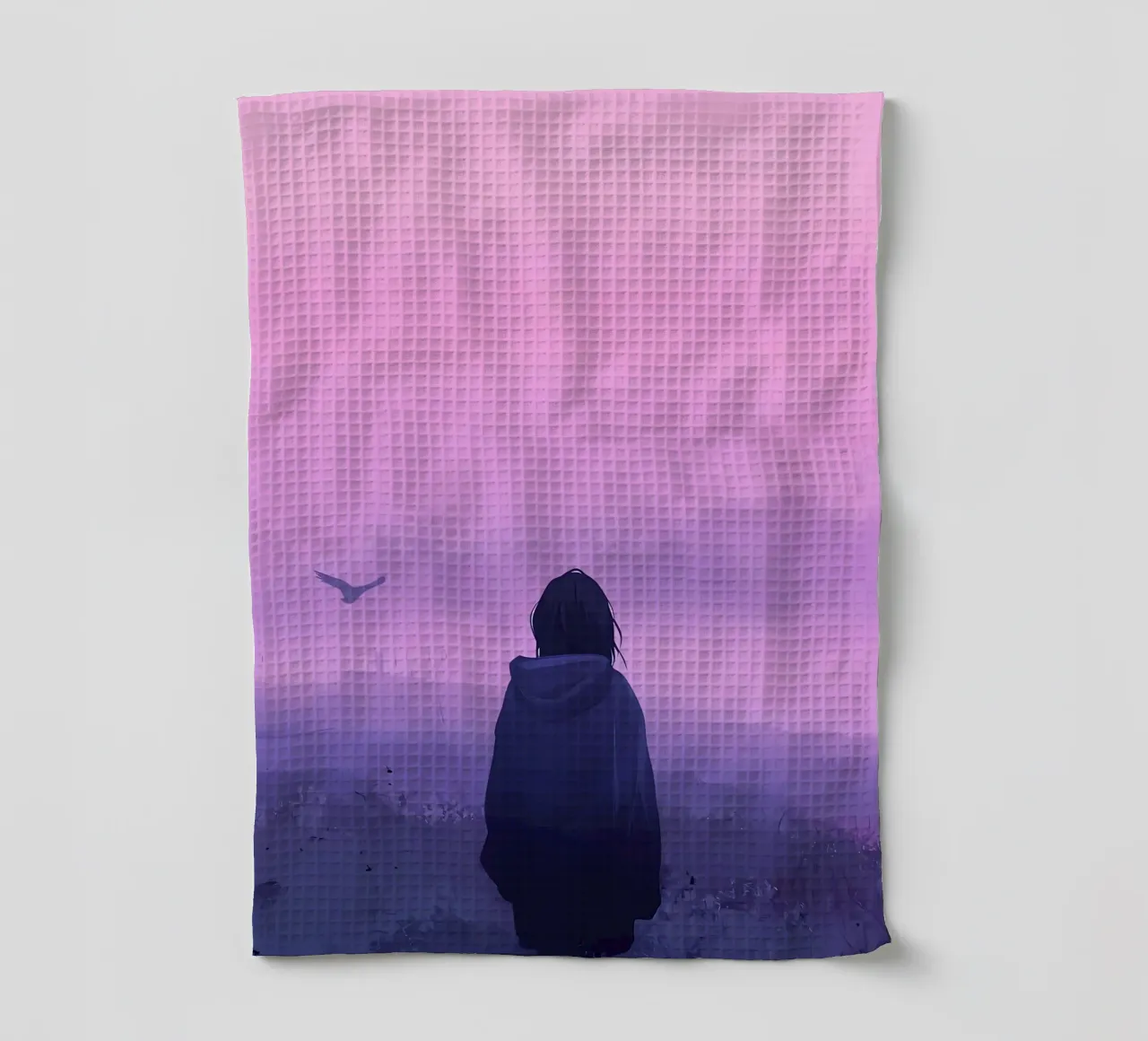 Una ragazza in piedi e guardando gli uccelli della sera Lofi Art canovaccio da cucina da LoFi Gallery