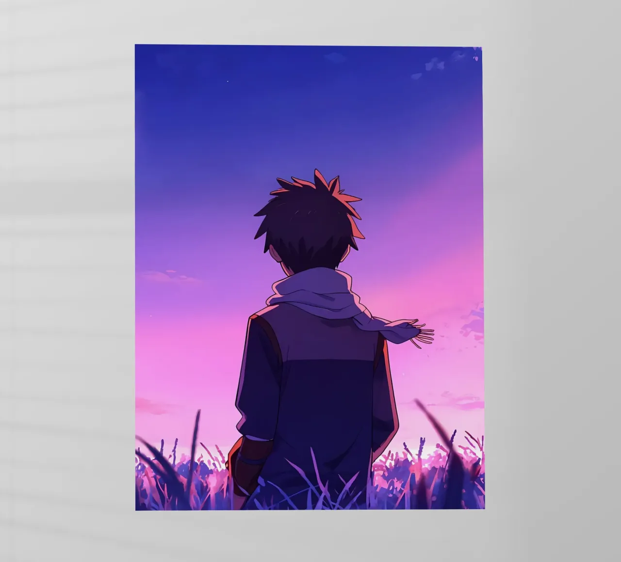 Un ragazzo che guarda il tramonto in un campo di erba lunga Lofi Art pellicola backlit da LoFi Gallery
