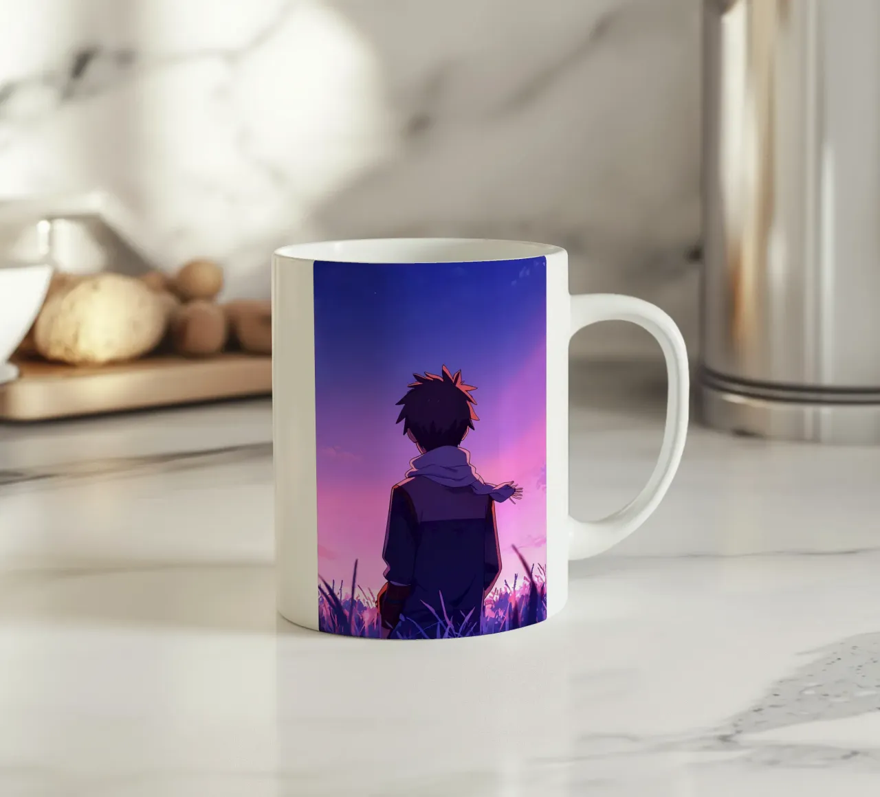 Un ragazzo che guarda il tramonto in un campo di erba lunga Lofi Art tazza in ceramica da LoFi Gallery