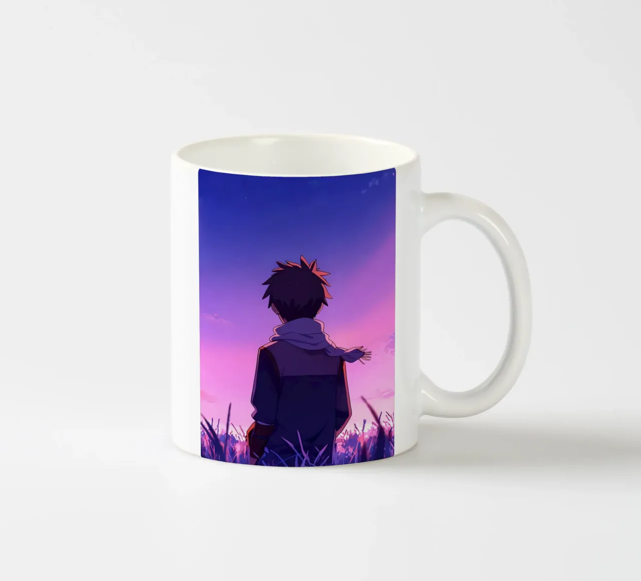 Un ragazzo che guarda il tramonto in un campo di erba lunga Lofi Art tazza in ceramica da LoFi Gallery