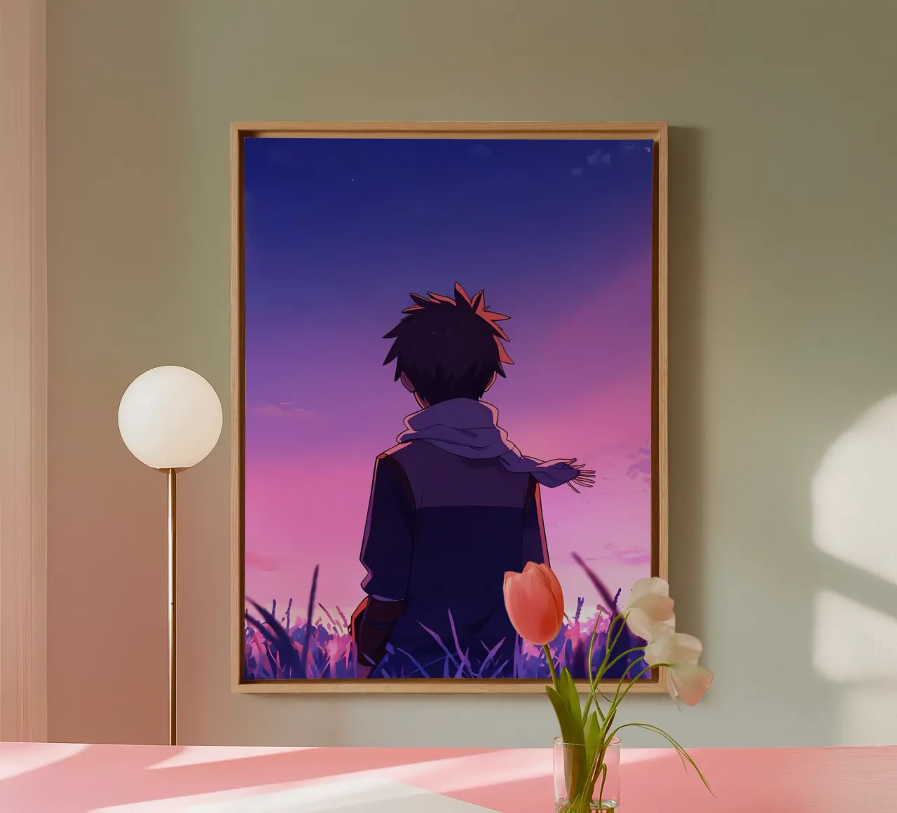 A Boy Looking At Sunset In Long Grass Field Lofi Art canvas with Floater frame by LoFi Gallery