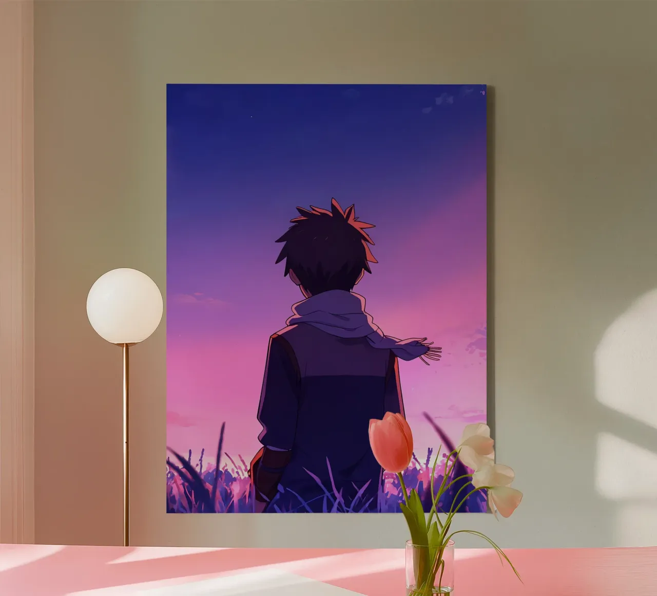 A Boy Looking At Sunset In Long Grass Field Lofi Art canvas with Floater frame by LoFi Gallery
